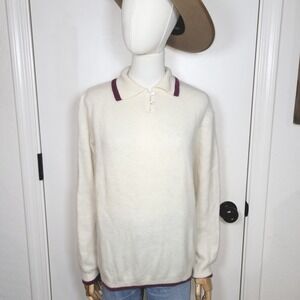LL Bean Lambswool Angora Blend Polo Sweater Cream Medium Large Fall Winter